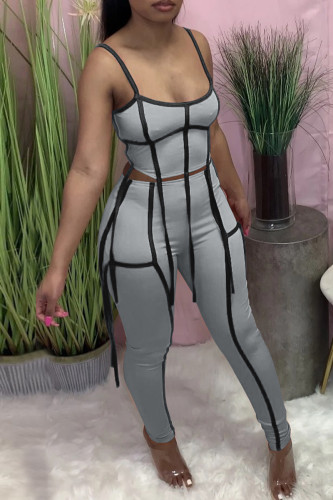 Grey Sexy Solid Split Joint Spaghetti Strap Sleeveless Two Pieces