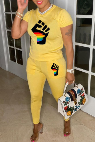 Yellow Fashion Casual Print Basic O Neck Short Sleeve Two Pieces