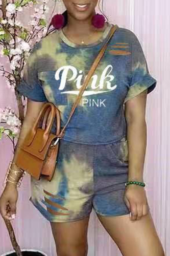 Multicolor Casual Patchwork Tie-dye O Neck Short Sleeve Two Pieces