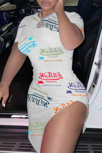White Sexy Casual Letter Print Slit O Neck Short Sleeve Dress