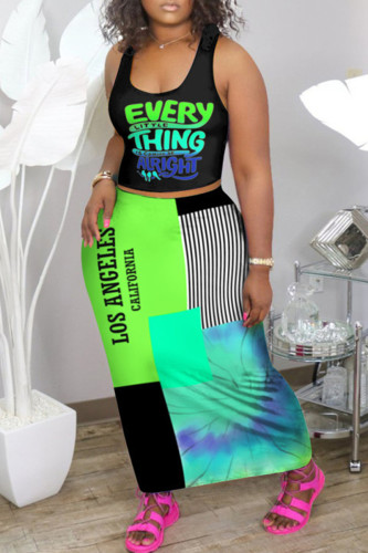 Green Fashion Casual Letter Printing Vest Top Skirt Two-piece Set