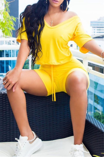 Yellow Fashion Casual Solid Basic V Neck Half Sleeve Two Pieces