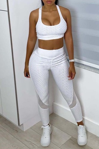 White Casual Sportswear Solid Split Joint U Neck Sleeveless Two Pieces