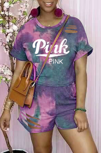 Multicolor Casual Patchwork Tie-dye O Neck Short Sleeve Two Pieces