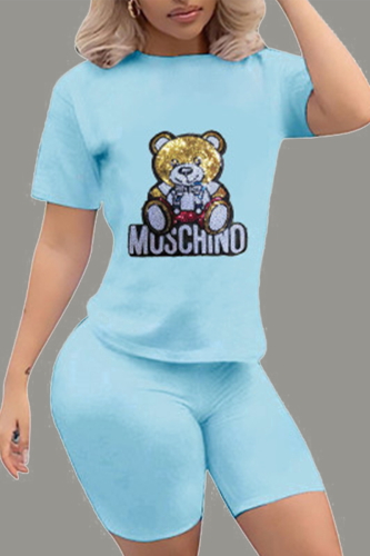 Baby Blue Casual Print Split Joint O Neck Short Sleeve Two Pieces