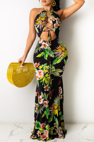 Purple Sexy Print Split Joint Halter Trumpet Mermaid Dresses