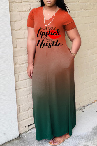 Green Fashion Casual Gradual Change Letter Print Basic V Neck Short Sleeve Dress