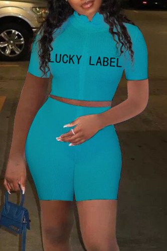 Light Blue Fashion Casual Letter Embroidered Zipper Collar Short Sleeve Two Pieces