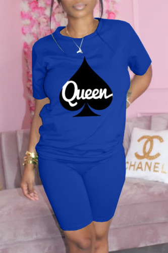 Blue Fashion Casual Print Basic O Neck Short Sleeve Two Pieces