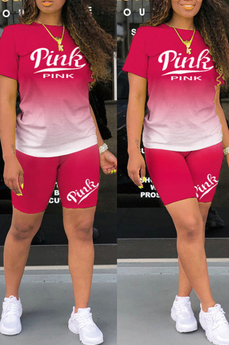 Red Casual Gradual Change Letter Print Split Joint O Neck Short Sleeve Two Pieces