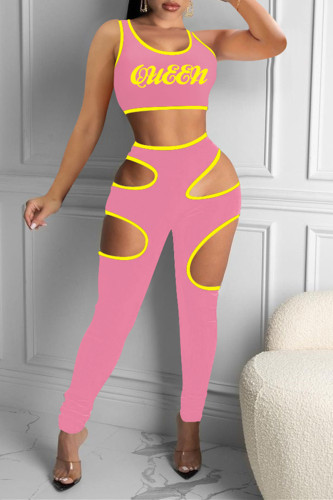 Pink Sexy Casual Letter Print Hollowed Out O Neck Sleeveless Two Pieces