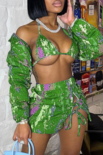 Fluorescent Green Fashion Sexy Print Strap Design Long Sleeve Three-piece Set