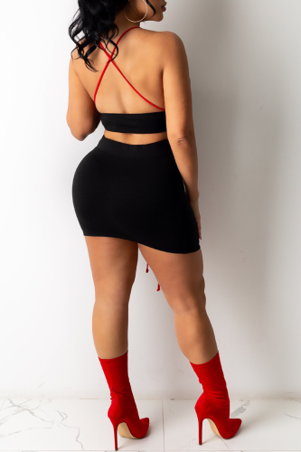 Black Solid Draw String Spaghetti Strap Sleeveless Two Pieces
