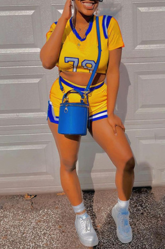 Yellow Fashion Sportswear Print Split Joint Short Sleeve Two Pieces