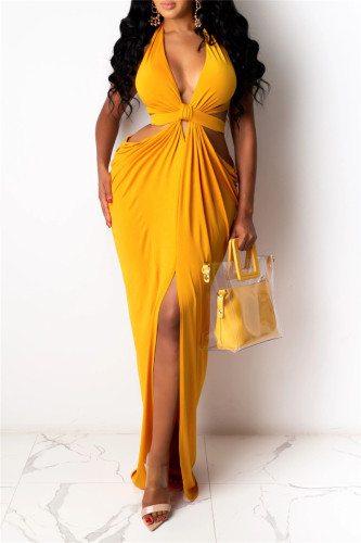 Rose Red Fashion Sexy Solid Hollowed Out Backless Slit Halter Sleeveless Dress