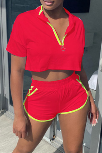 Red Sportswear Solid Split Joint Turndown Collar Sleeveless Two Pieces
