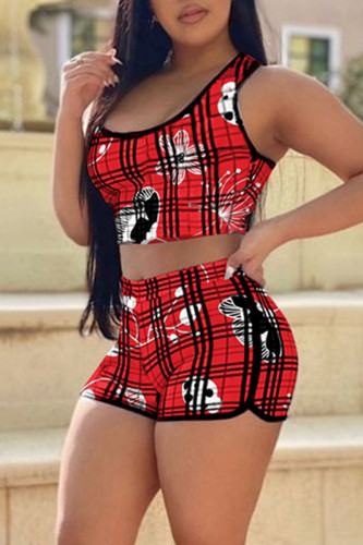 Red Fashion Casual Print Basic U Neck Sleeveless Two Pieces