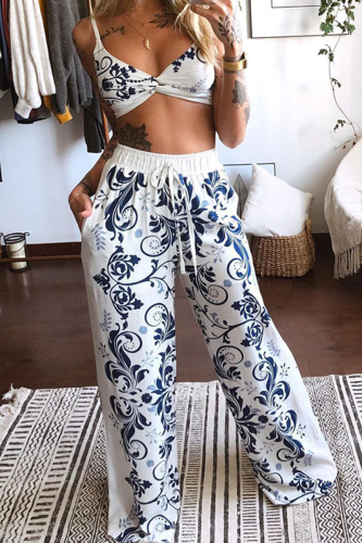 Blue Sexy Print Split Joint Spaghetti Strap Sleeveless Two Pieces