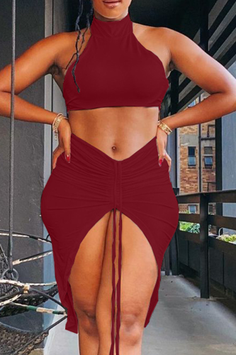 Burgundy Sexy Solid Split Joint Halter Sleeveless Two Pieces
