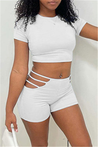 White Fashion Casual Solid Hollowed Out O Neck Short Sleeve Two Pieces