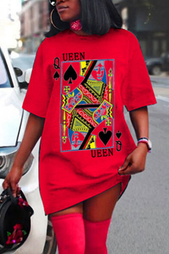 Red Casual Print Split Joint O Neck Straight Dresses