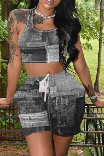 Red Casual Print Split Joint U Neck Sleeveless Two Pieces
