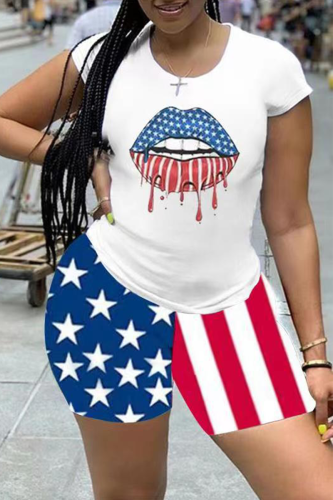 White Casual Print Split Joint O Neck Short Sleeve Two Pieces