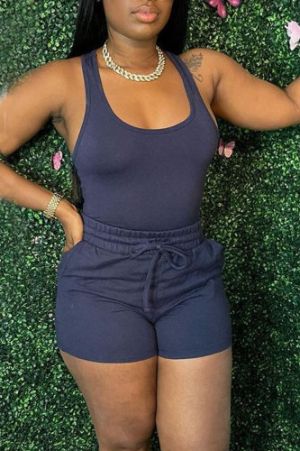 Tibetan Blue Casual Solid Split Joint U Neck Sleeveless Two Pieces