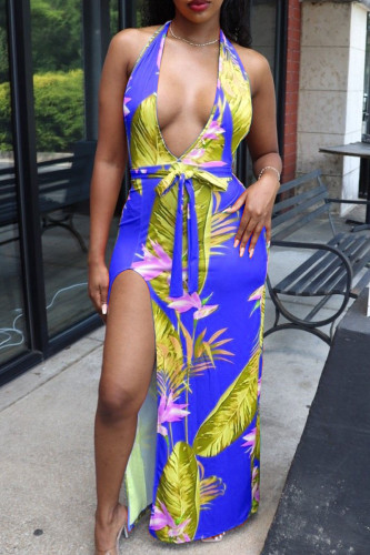 Blue Sexy Print Bandage Split Joint High Opening Halter Straight Dresses