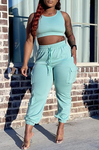 Mint green Fashion Casual Solid Split Joint O Neck Sleeveless Two Pieces