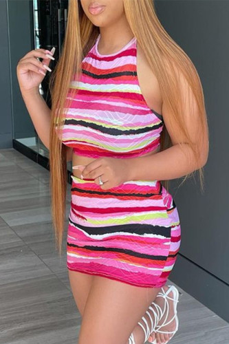 Red Sexy Casual Striped Print Bandage Backless Halter Sleeveless Two Pieces
