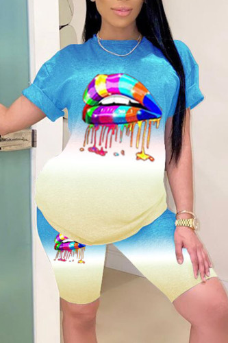 Blue Casual Print Split Joint O Neck Short Sleeve Two Pieces
