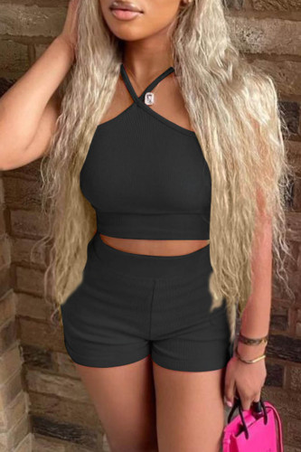 Black Sexy Casual Solid Backless Spaghetti Strap Sleeveless Two Pieces