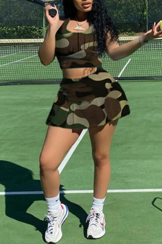 Army Green Sexy Sportswear Camouflage Print Vests U Neck Sleeveless Two Pieces