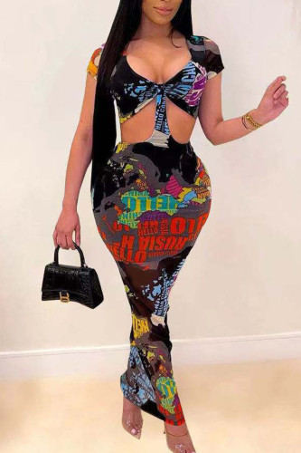 Black Sexy Print Hollowed Out Split Joint U Neck Pencil Skirt Dresses