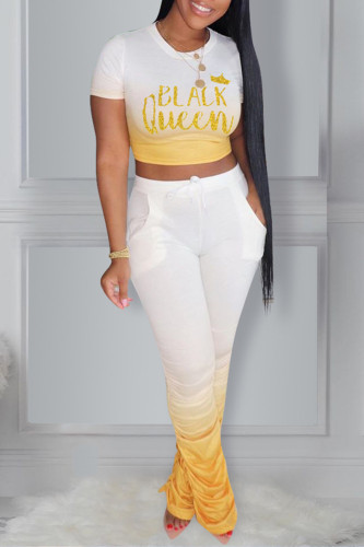 Yellow Fashion Casual Gradual Change Letter Print Fold O Neck Short Sleeve Two Pieces