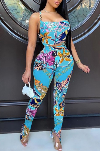 Sky Blue Sexy Print Hollowed Out Spaghetti Strap Sleeveless Two Pieces
