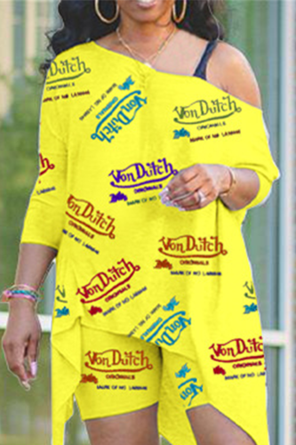 Yellow Casual Print Split Joint One Shoulder Short Sleeve Two Pieces