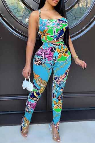 Green Sexy Print Hollowed Out Spaghetti Strap Sleeveless Two Pieces