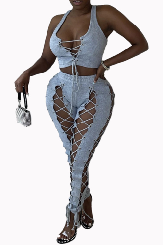 Silver Sexy Solid Hollowed Out V Neck Sleeveless Two Pieces