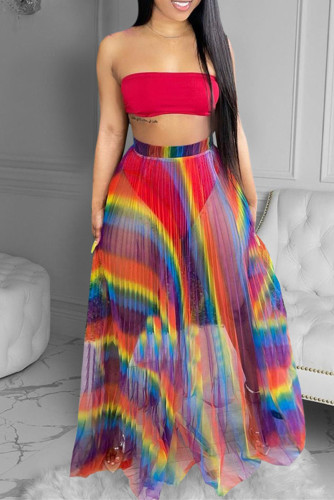 Red Fashion Sexy Print See-through Backless Strapless Sleeveless Two Pieces