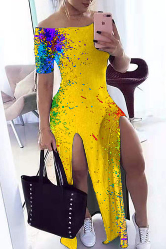 Yellow Casual Print Split Joint Slit Off the Shoulder A Line Dresses