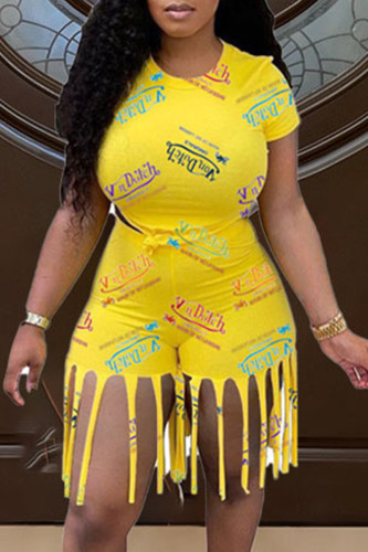 Yellow Fashion Casual Print Tassel O Neck Short Sleeve Two Pieces