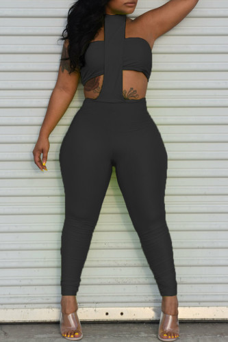Black Fashion Sexy Solid Backless Strapless Sleeveless Two Pieces