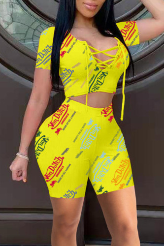 Yellow Casual Print Split Joint Frenulum O Neck Short Sleeve Two Pieces