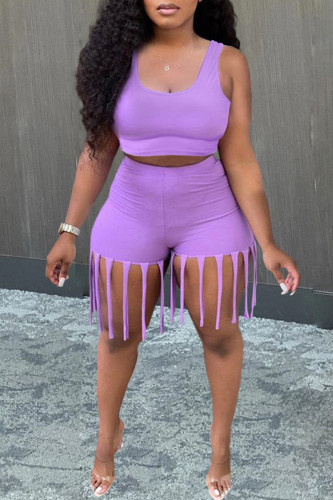 Purple Fashion Casual Solid Tassel U Neck Sleeveless Two Pieces