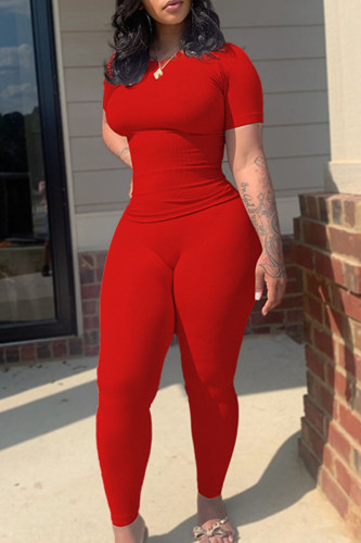 Red Sexy Solid Split Joint O Neck Short Sleeve Two Pieces
