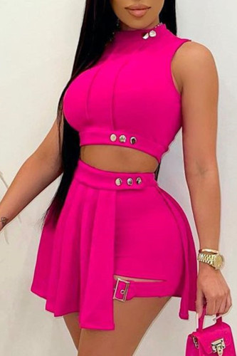 Rose Red Casual Solid Split Joint O Neck Sleeveless Two Pieces