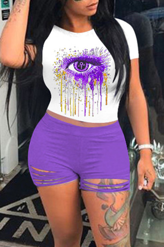 Blue Casual Print Hollowed Out Split Joint O Neck Short Sleeve Two Pieces