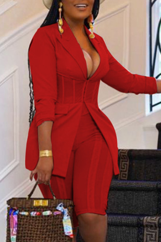 Red Casual Solid Split Joint Turndown Collar Long Sleeve Two Pieces